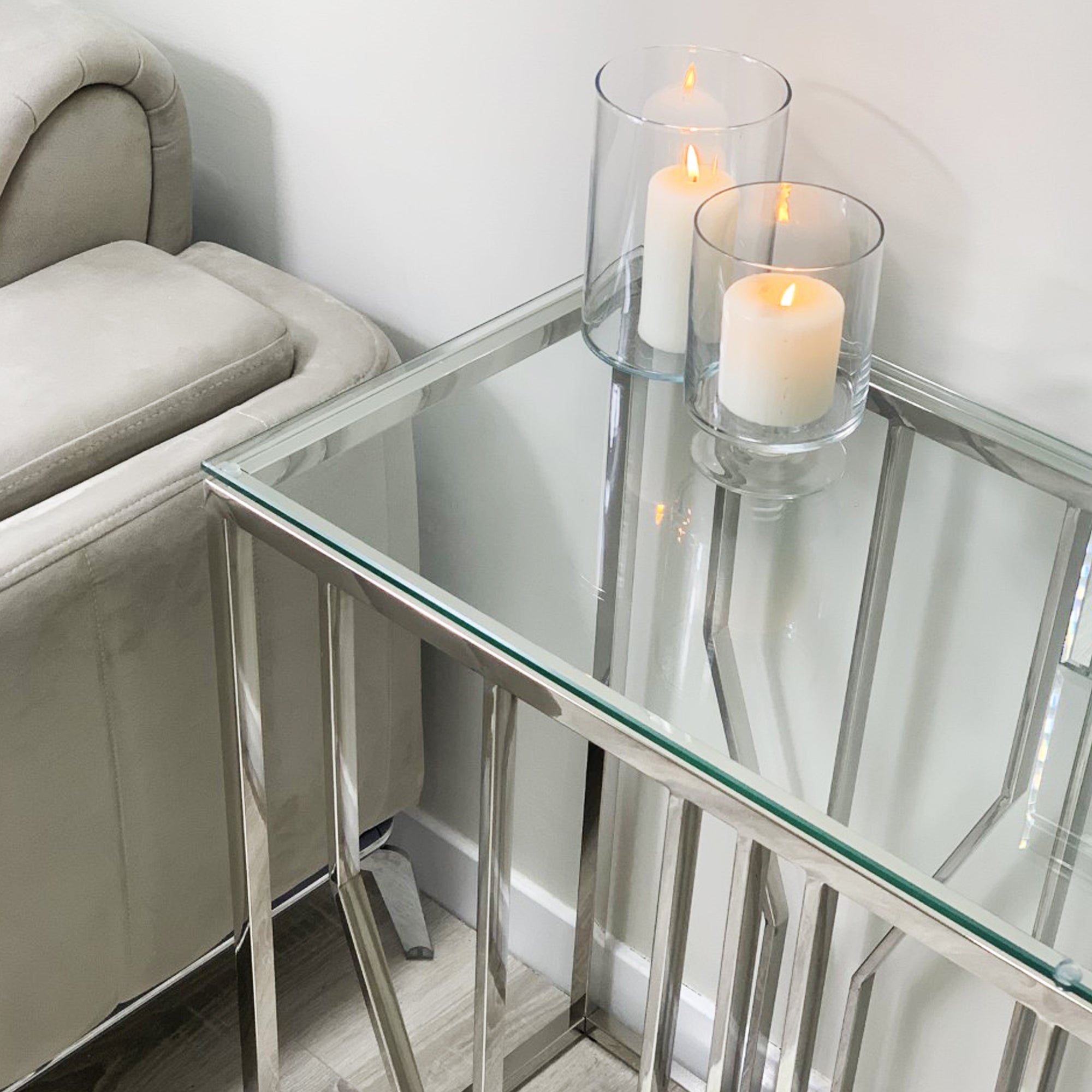 Aria Silver Deco Console Table With Clear Glass Top